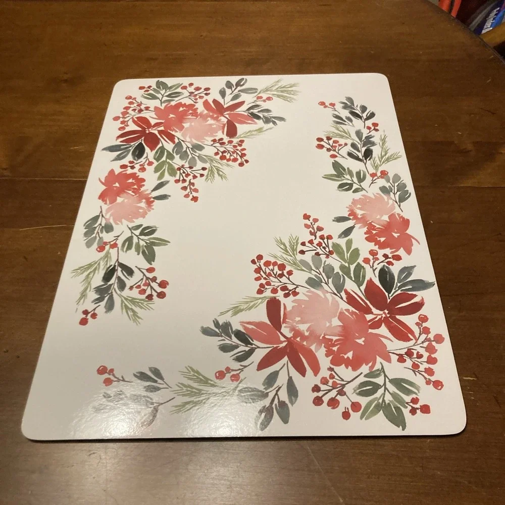 Set Of 4 KAF Holiday Holly Cork Backed Placemats Red Poinsettias Watercolor Look